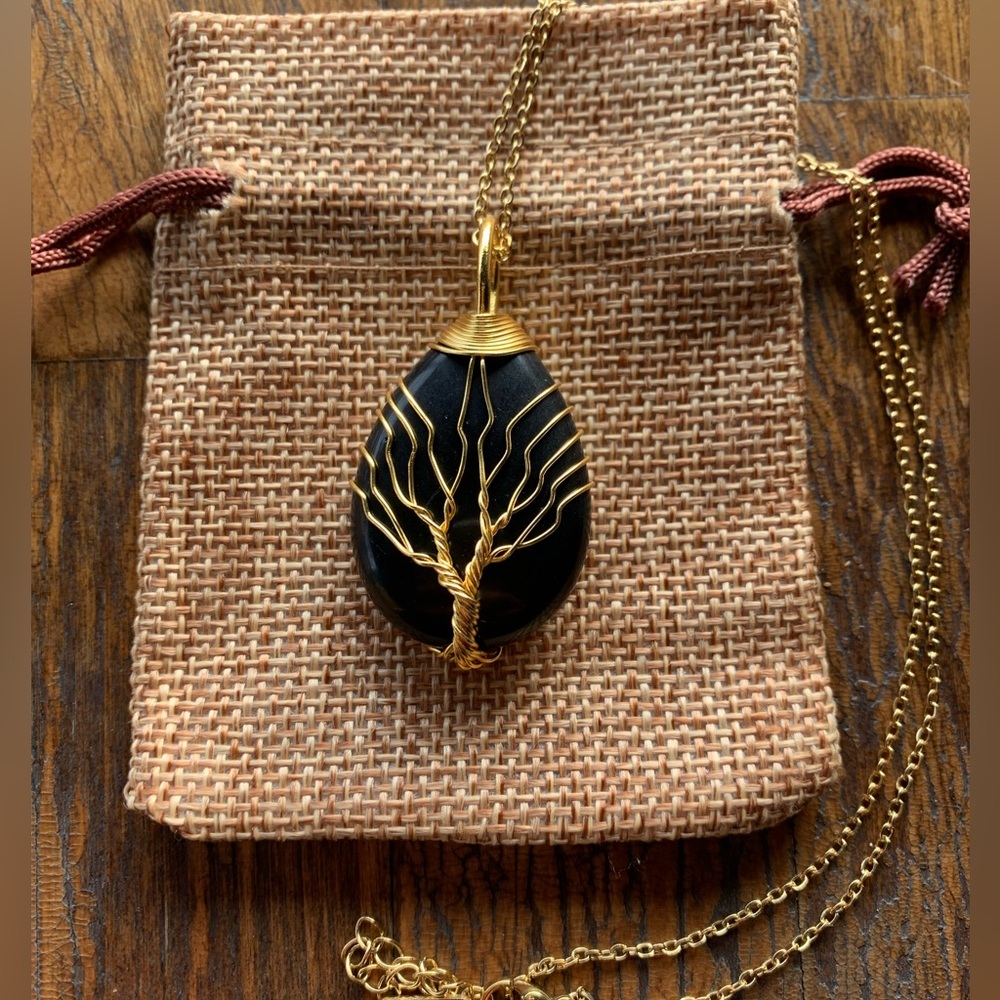 Brand New Wire-Wrapped Black Obsidian Drop Pendant with Gold plated Chain